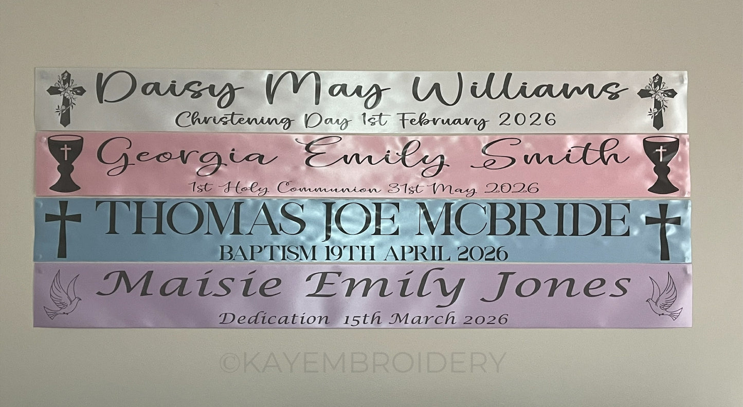 Personalised Christening, Baptism, Naming Day, 1st Holy Communion, Confirmation Satin Party Banner