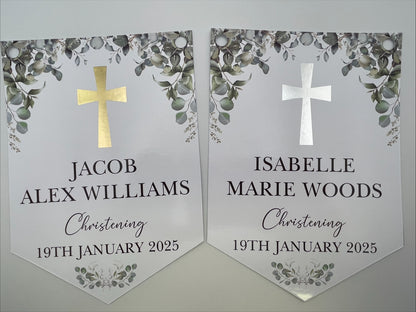 Christening Baptism Bunting with Foiled Cross personalised with Name and Date. Made from 300gsm single sided gloss card