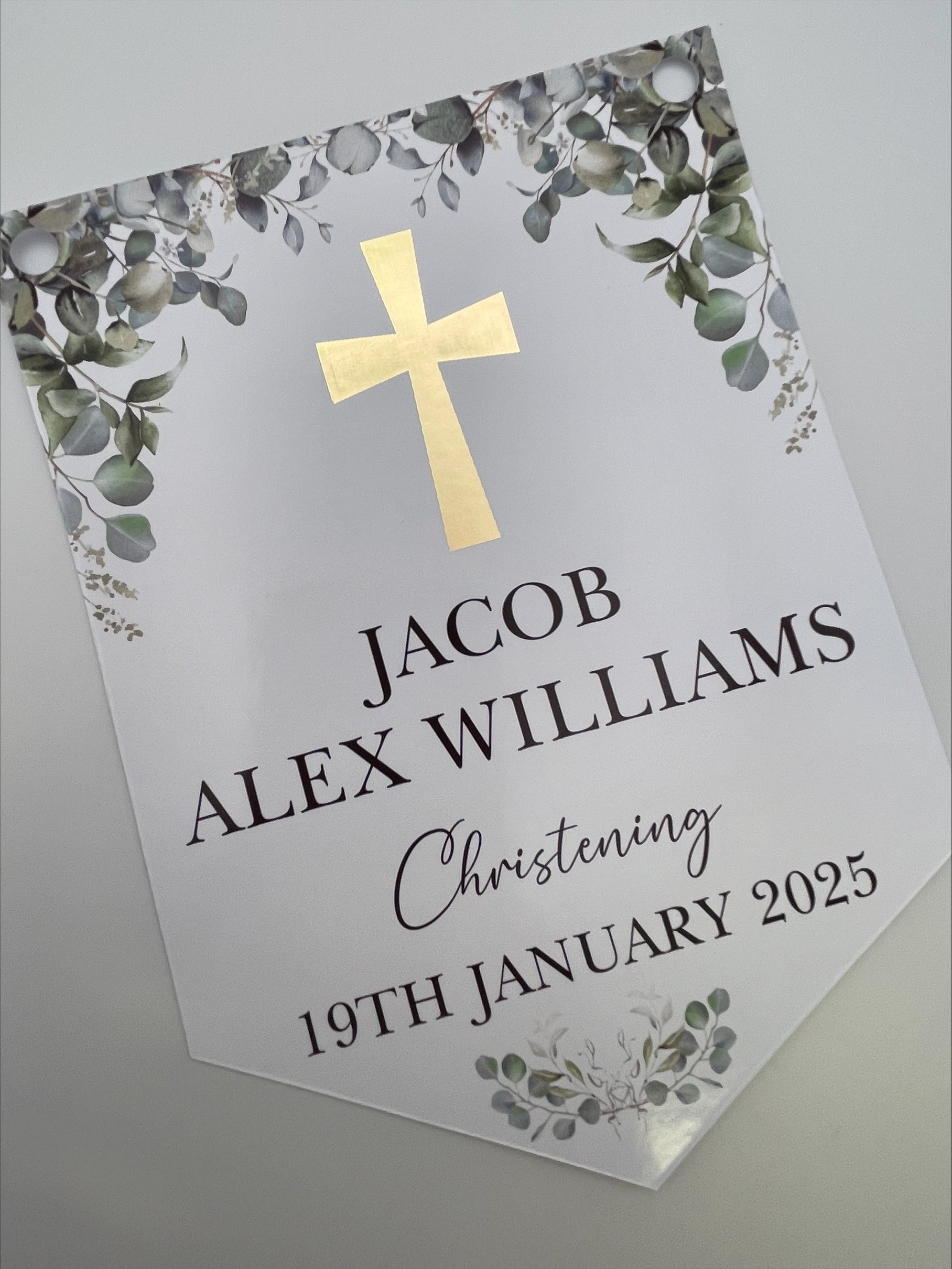 Christening Baptism Bunting with Gold Foiled Cross personalised with Name and Date. Made from 300gsm single sided gloss card
