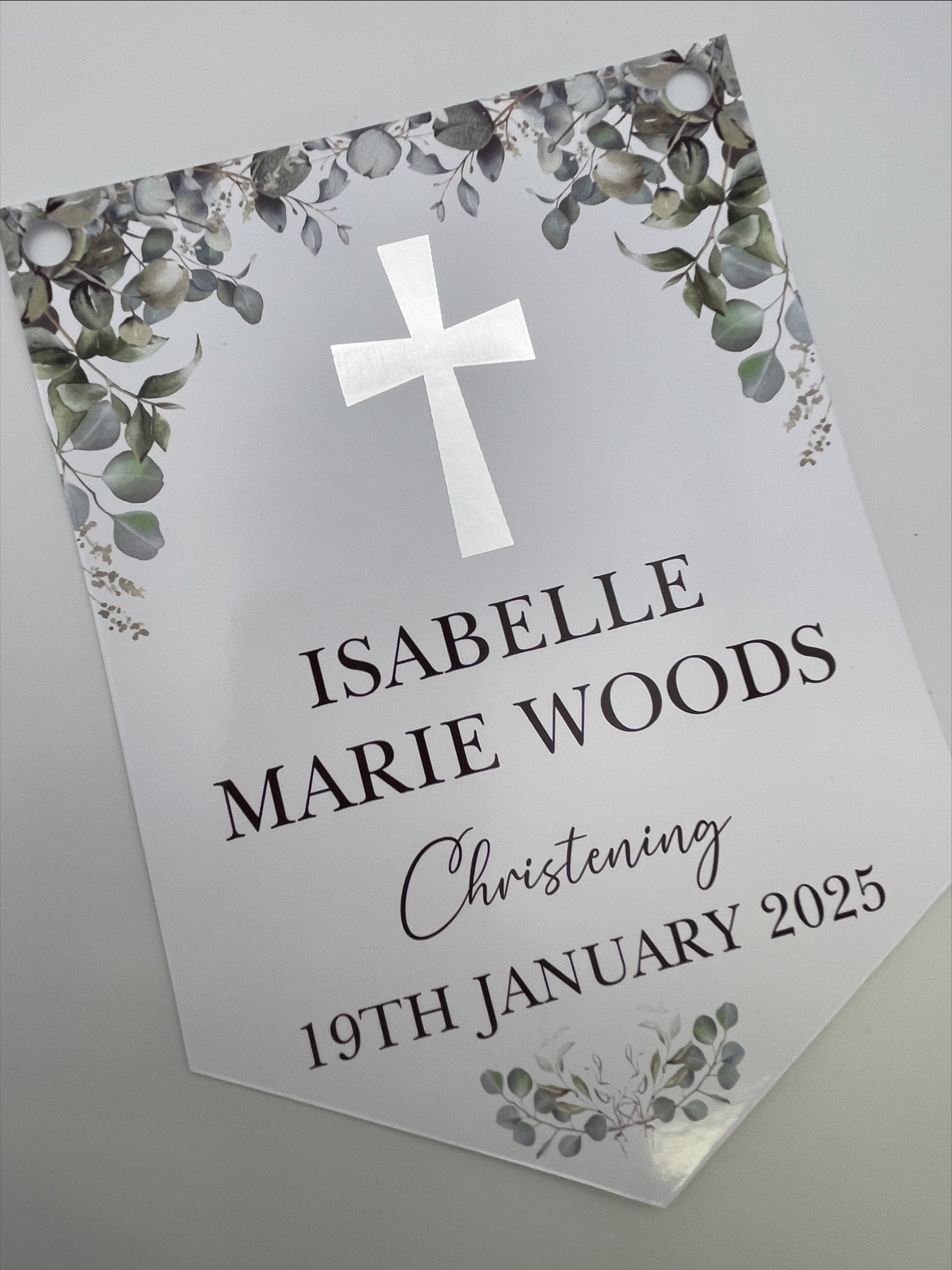 Christening Baptism Bunting with Silver Foiled Cross personalised with Name and Date. Made from 300gsm single sided gloss card