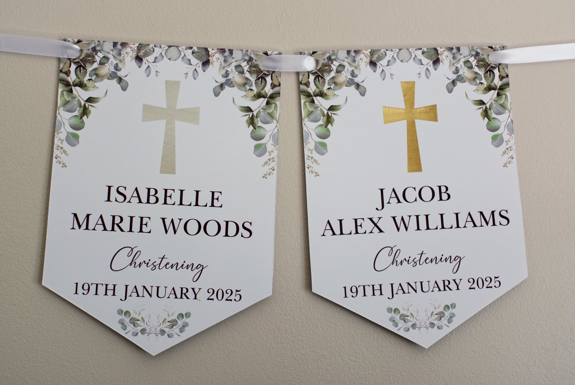 Christening Baptism Bunting with Foiled Cross personalised with Name and Date. Made from 300gsm single sided gloss card