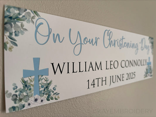 Christening or Baptism Banner with Cross, white flowers and eucalyptus greenery personalised with name and date in Blue