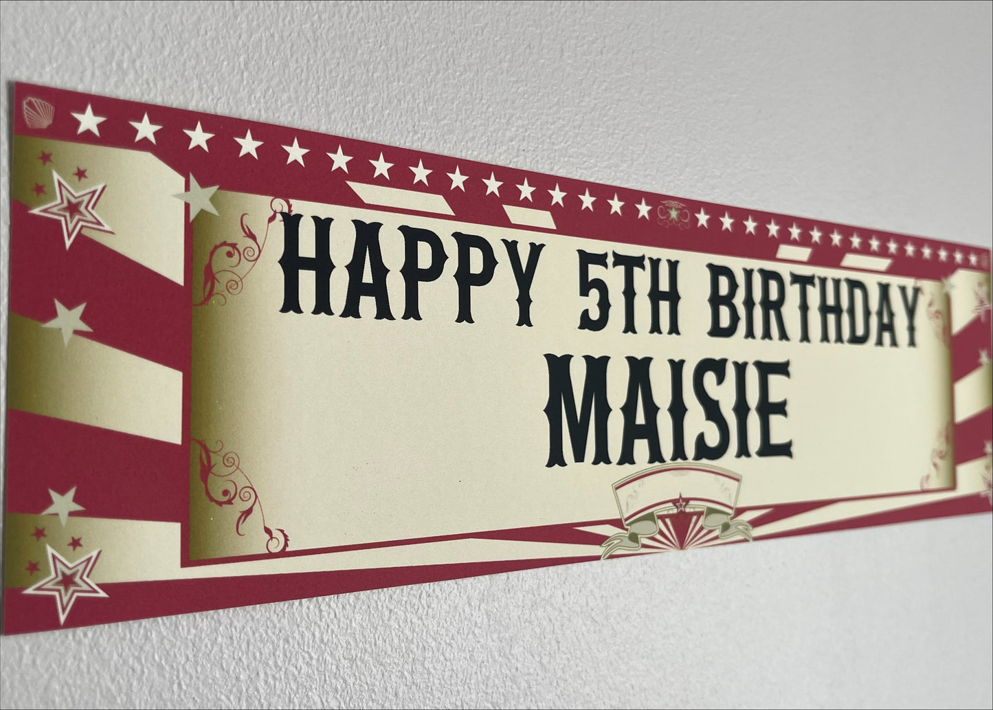 Circus Birthday Banner in red and gold personalised with name and age