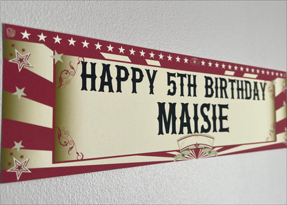 Circus Birthday Banner in red and gold personalised with name and age