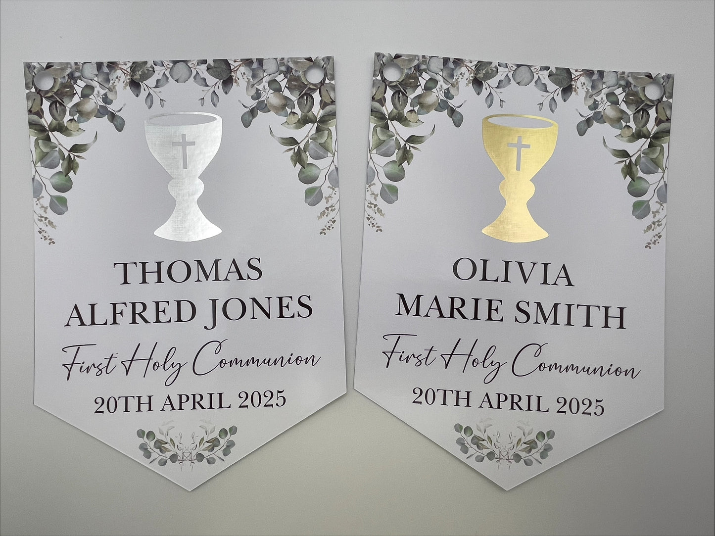 1st Holy Communion Bunting with Foiled Chalice personalised with Name, First Holy Communion and Date. Made from 300gsm single sided gloss card