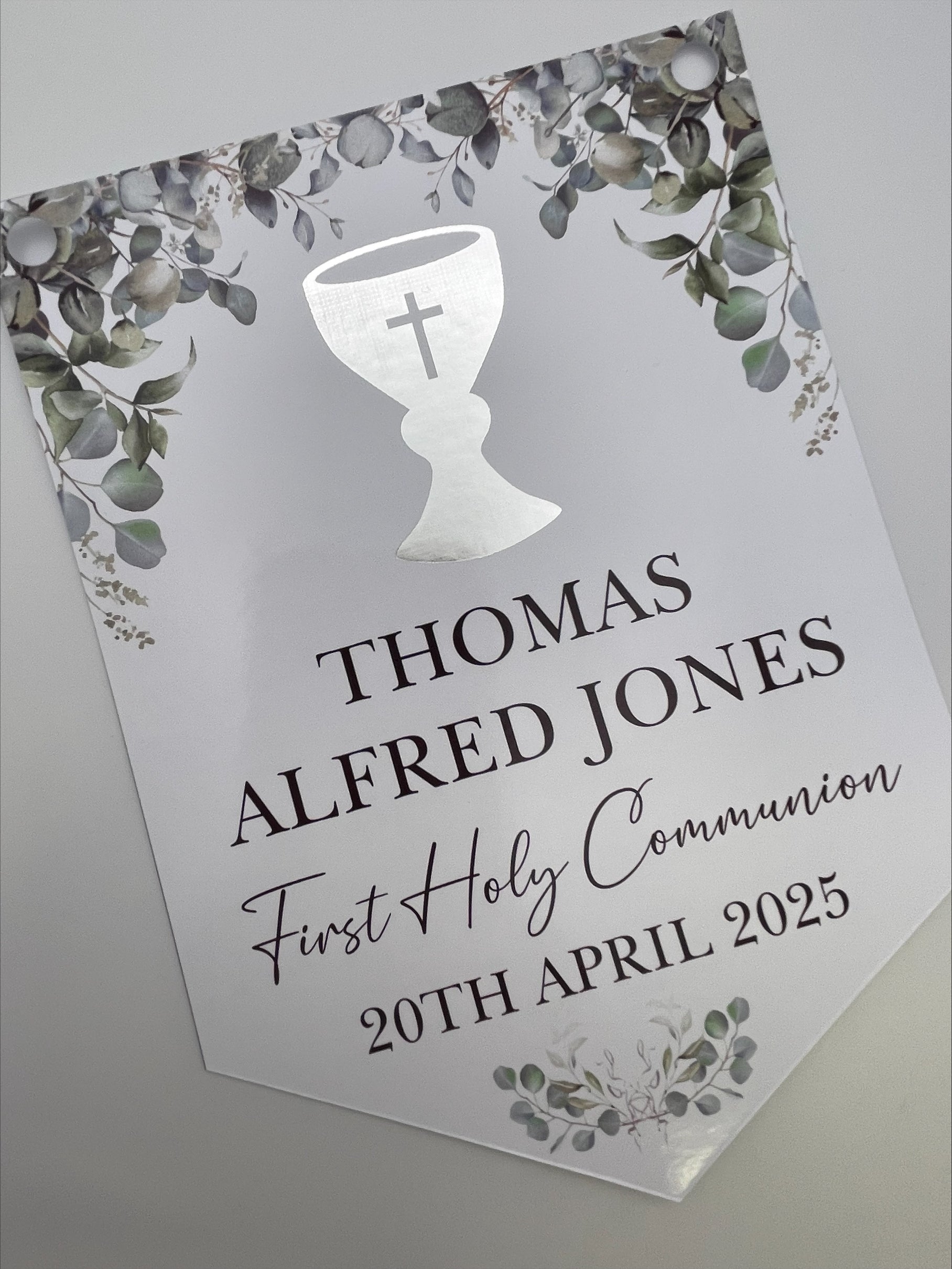 1st Holy Communion Bunting with Silver Foiled Chalice personalised with Name, First Holy Communion and Date. Made from 300gsm single sided gloss card
