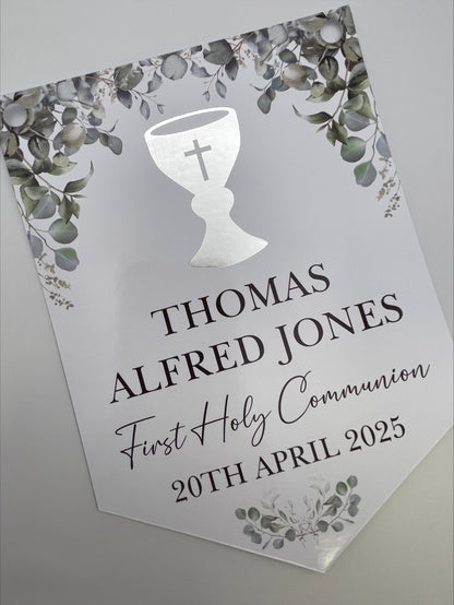 1st Holy Communion Bunting with Silver Foiled Chalice personalised with Name, First Holy Communion and Date. Made from 300gsm single sided gloss card