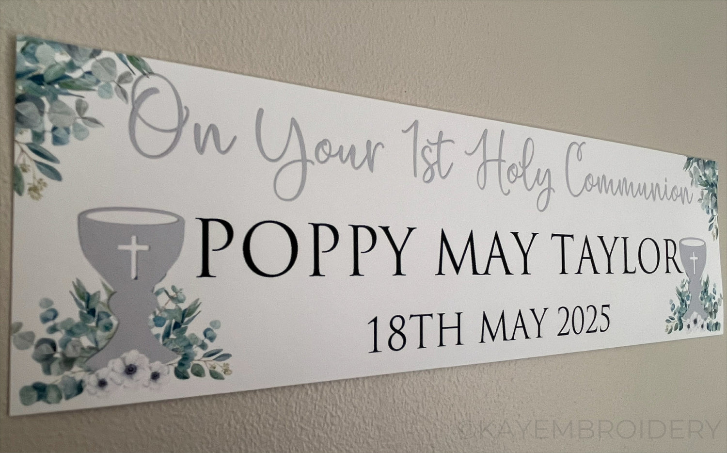 First Holy Communion Banner with Chalice in Silver and greenery theme personalised with On your 1st Holy Communion, Name and Date
