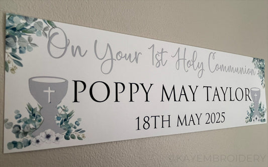 First Holy Communion Banner with Chalice in Silver and greenery theme personalised with On your 1st Holy Communion, Name and Date