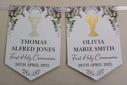 1st Holy Communion Bunting with Foiled Chalice personalised with Name, First Holy Communion and Date. Made from 300gsm single sided gloss card