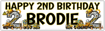 Personalised Birthday Banner featuring a yellow and black construction theme with trucks, gears and balloons