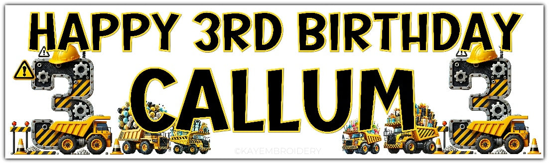 Personalised Birthday Banner featuring a yellow and black construction theme with trucks, gears and balloons