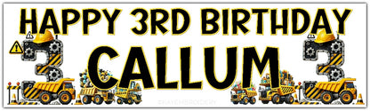 Personalised Birthday Banner featuring a yellow and black construction theme with trucks, gears and balloons
