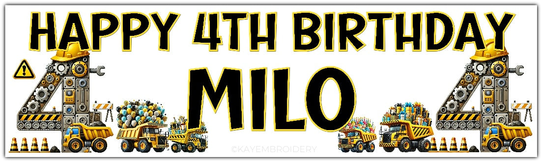 Personalised Birthday Banner featuring a yellow and black construction theme with trucks, gears and balloons