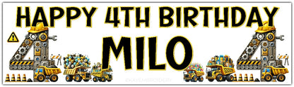 Personalised Birthday Banner featuring a yellow and black construction theme with trucks, gears and balloons