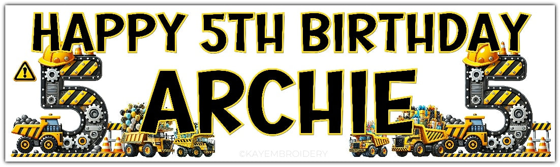 Personalised Birthday Banner featuring a yellow and black construction theme with trucks, gears and balloons