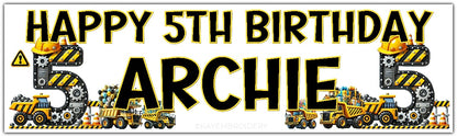 Personalised Birthday Banner featuring a yellow and black construction theme with trucks, gears and balloons