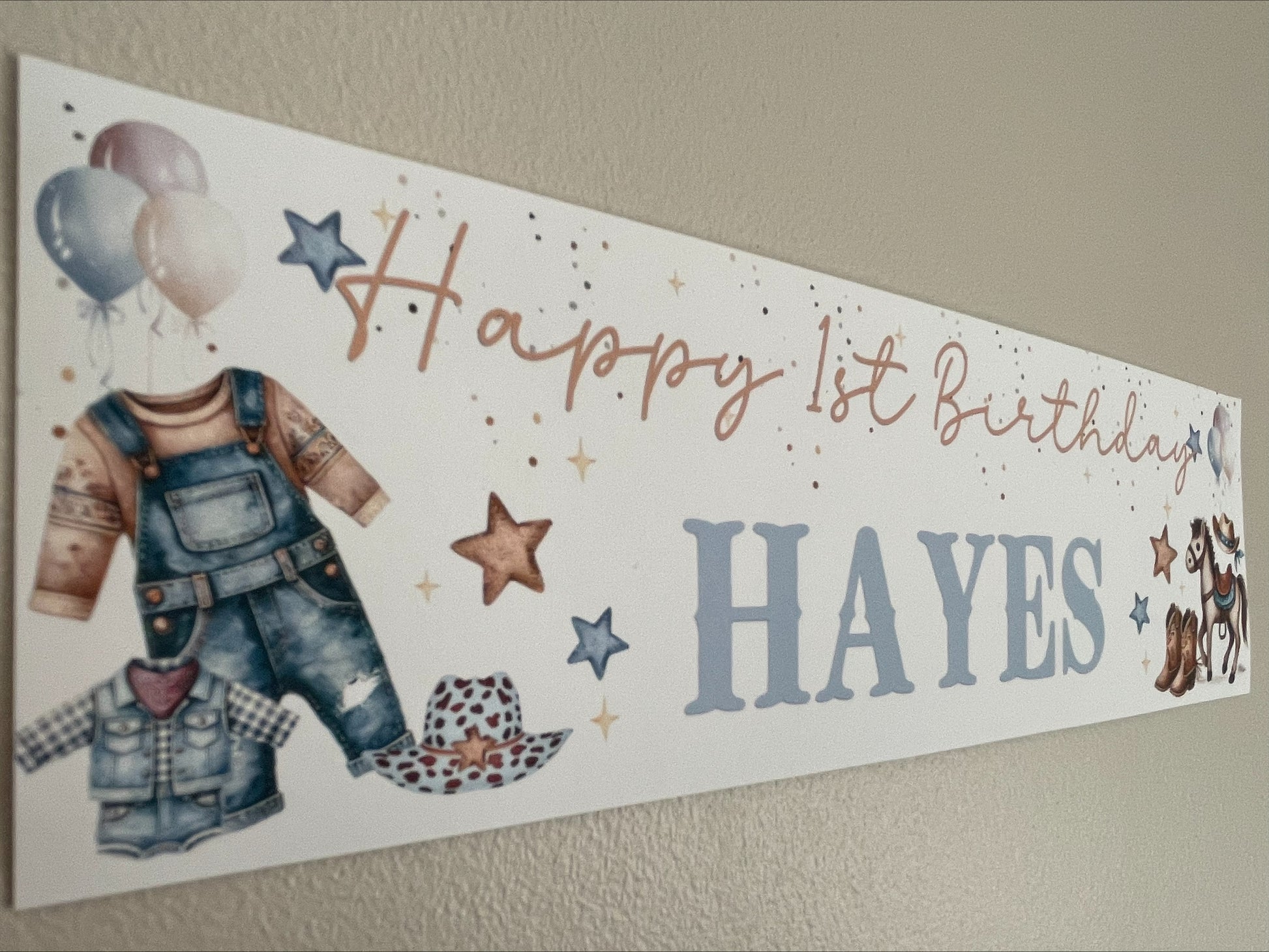 Little Cowboy 1st Birthday Personalised Banner with stars and confetti