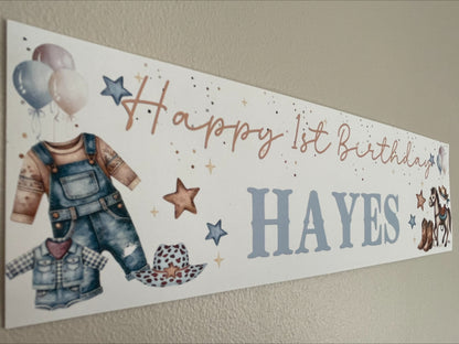 Little Cowboy 1st Birthday Personalised Banner with stars and confetti