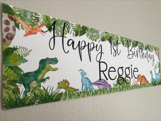 Dinosaur Birthday Banner with Greenery and various dinosaurs personalised with happy age birthday and name