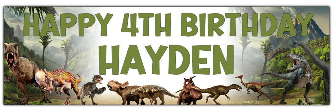 Birthday Banner with Dinosaurs set in Jurassic Background theme T rex, Triceratops, Stegosaurus, brontosaurus. Personalised with name and age in Green Text