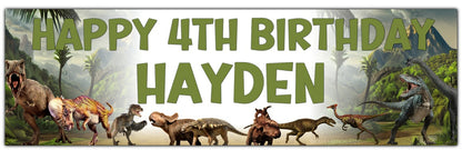 Birthday Banner with Dinosaurs set in Jurassic Background theme T rex, Triceratops, Stegosaurus, brontosaurus. Personalised with name and age in Green Text