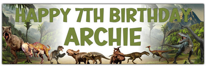 Birthday Banner with Dinosaurs set in Jurassic Background theme T rex, Triceratops, Stegosaurus, brontosaurus. Personalised with name and age in Green Text