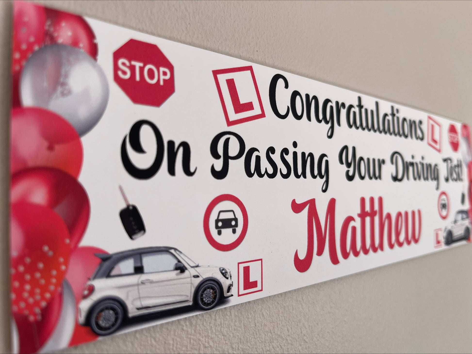 Driving test pass congratulations Celebration banner personalised with name