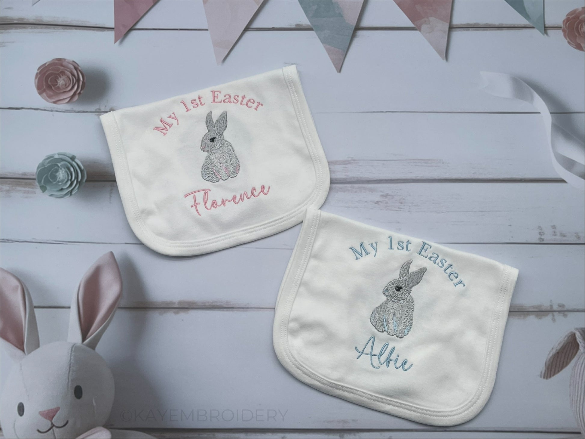 Baby 1st Easter Rabbit Embroidered Cotton Bib personalised with name Pink Blue