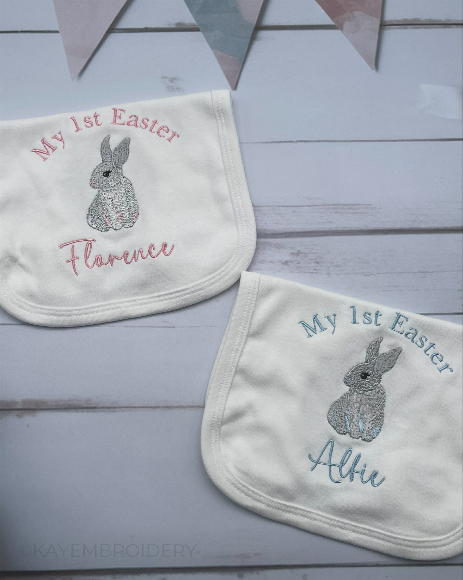 Baby 1st Easter Rabbit Embroidered Cotton Bib personalised with name Pink Blue