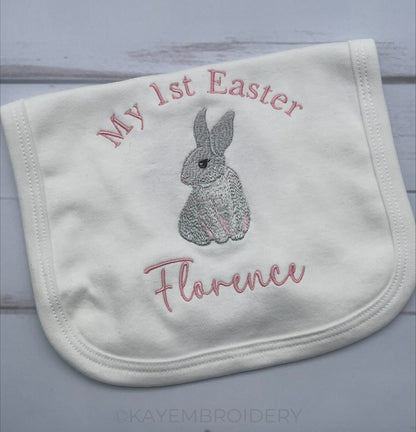 Baby 1st Easter Rabbit Embroidered Cotton Bib personalised with name Pink 