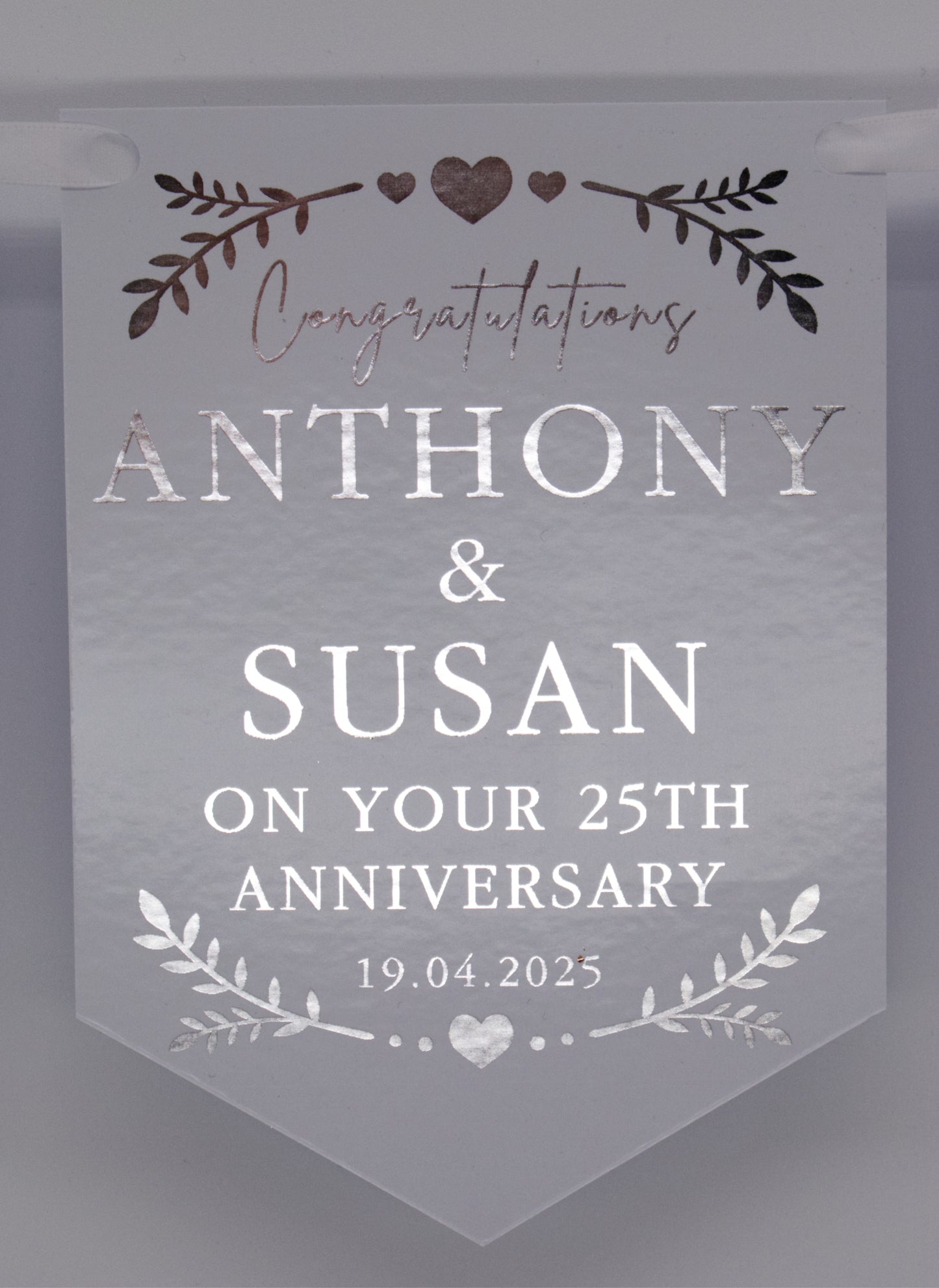 Foiled Engagement or Anniversary Bunting with greenery and hearts design in Silver. Personalised with Congratulations, Names and Date. Made from 300gsm single sided gloss card