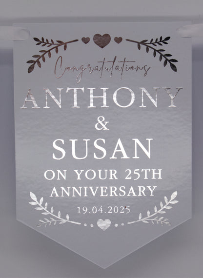 Foiled Engagement or Anniversary Bunting with greenery and hearts design in Silver. Personalised with Congratulations, Names and Date. Made from 300gsm single sided gloss card