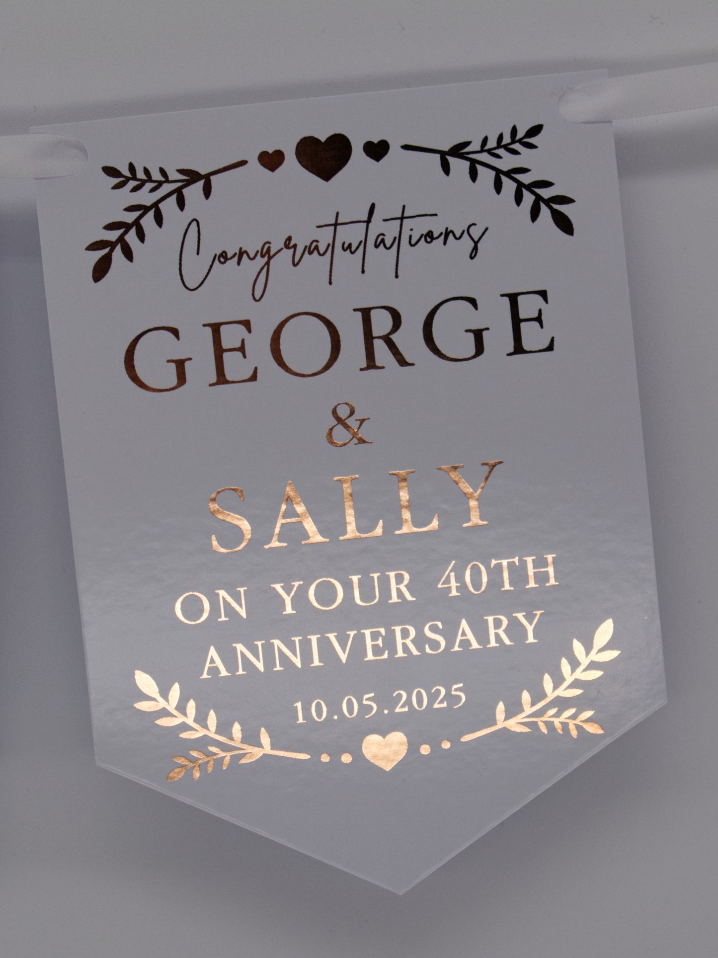 Foiled Engagement or Anniversary Bunting with greenery and hearts design in Rose Gold. Personalised with Congratulations, Names and Date. Made from 300gsm single sided gloss card