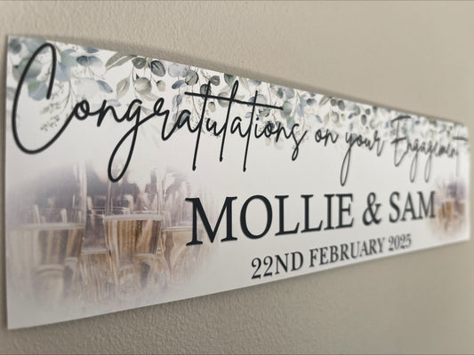Engagement Banner with Eucalyptus and Champagne. Personalised with names and Date