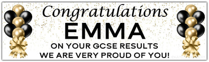 Exam Results Banner with Gold and Black Balloons and Confetti design Personalised with congratulations name and message of your choice
