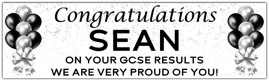 Exam Results Banner with Silver and Black Balloons and Confetti design Personalised with congratulations name and message of your choice