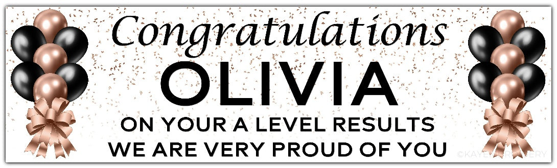 Exam Results Banner with Rose Gold and Black Balloons and Confetti design Personalised with congratulations name and message of your choice