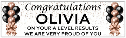 Exam Results Banner with Rose Gold and Black Balloons and Confetti design Personalised with congratulations name and message of your choice