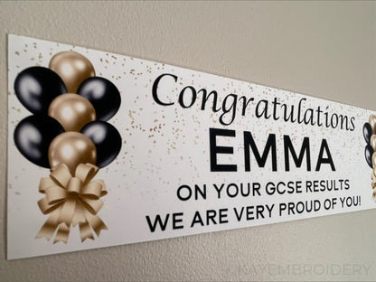 Exam Results Banner with Gold and Black Balloons and Confetti design Personalised with congratulations name and message of your choice