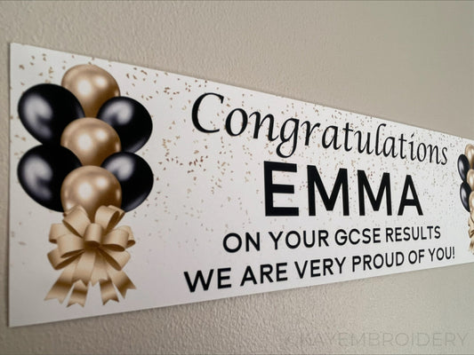 Exam Results Banner with Gold and Black Balloons and Confetti design Personalised with congratulations name and message of your choice