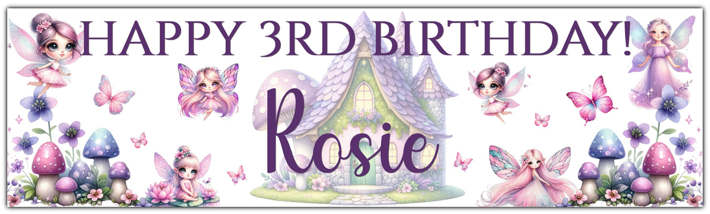 Fairies Theme Birthday Banner Personalised with happy age Birthday and Name