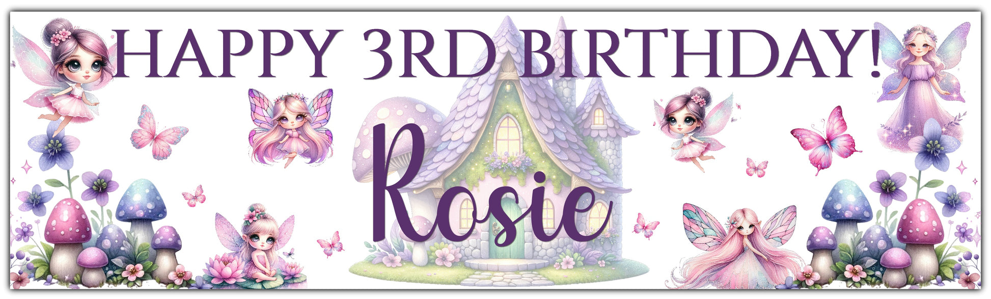 Fairies Theme Birthday Banner Personalised with happy age Birthday and Name