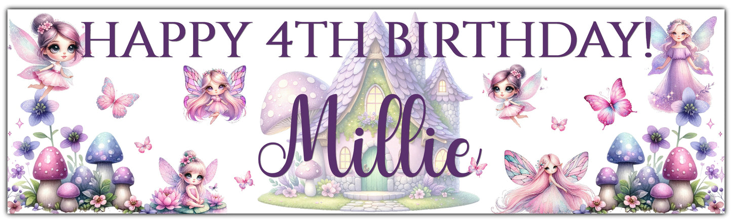 Fairies Theme Birthday Banner Personalised with happy age Birthday and Name