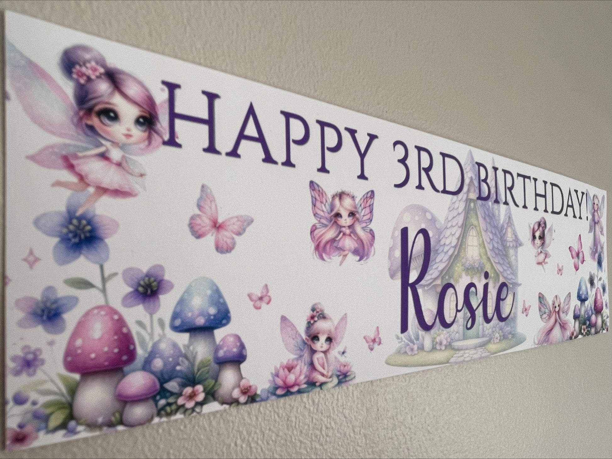Fairies Theme Birthday Banner Personalised with happy age Birthday and Name