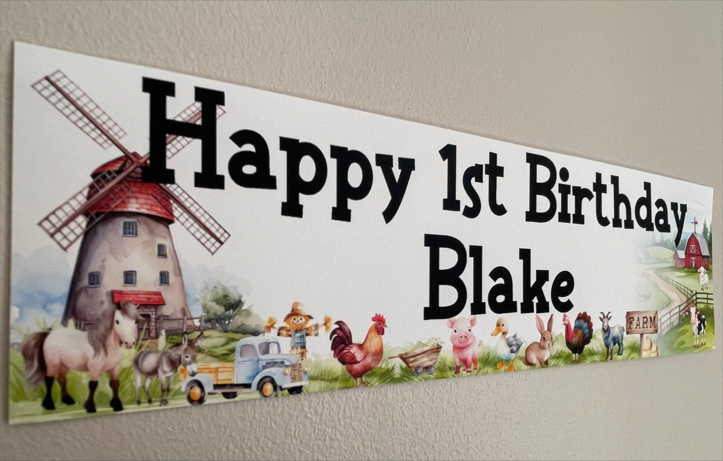 Farmyard Animals Birthday banner personalised with name and age