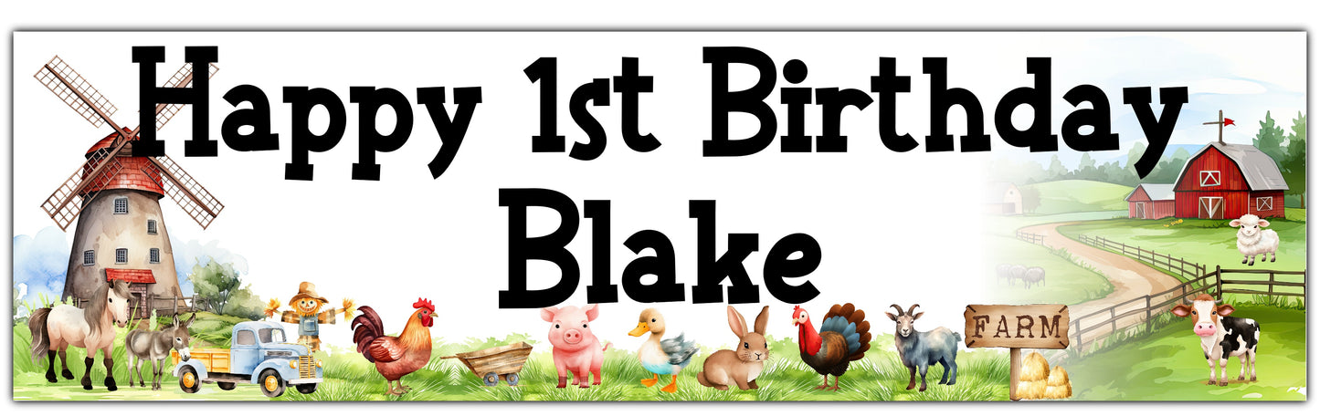Farmyard Animals Birthday banner personalised with name and age