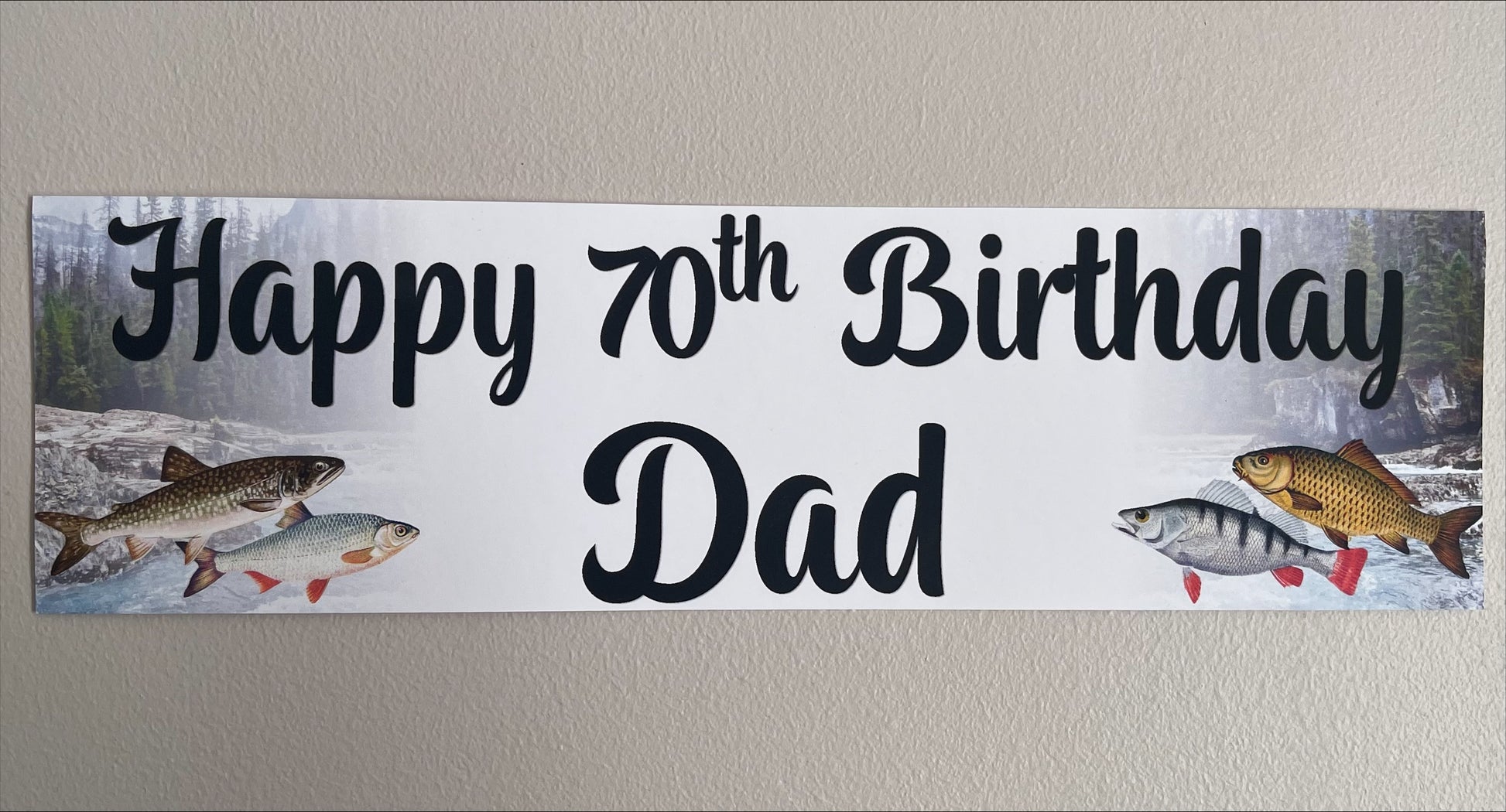 Fishing birthday banner with fish and nature theme. Personalised with name and age
