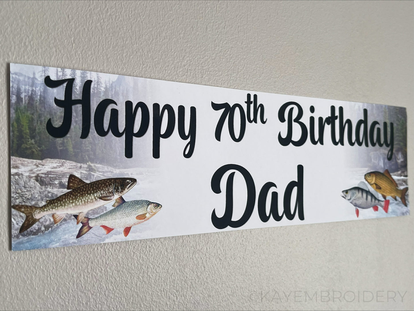 Fishing birthday banner with fish and nature theme. Personalised with happy age birthday and name