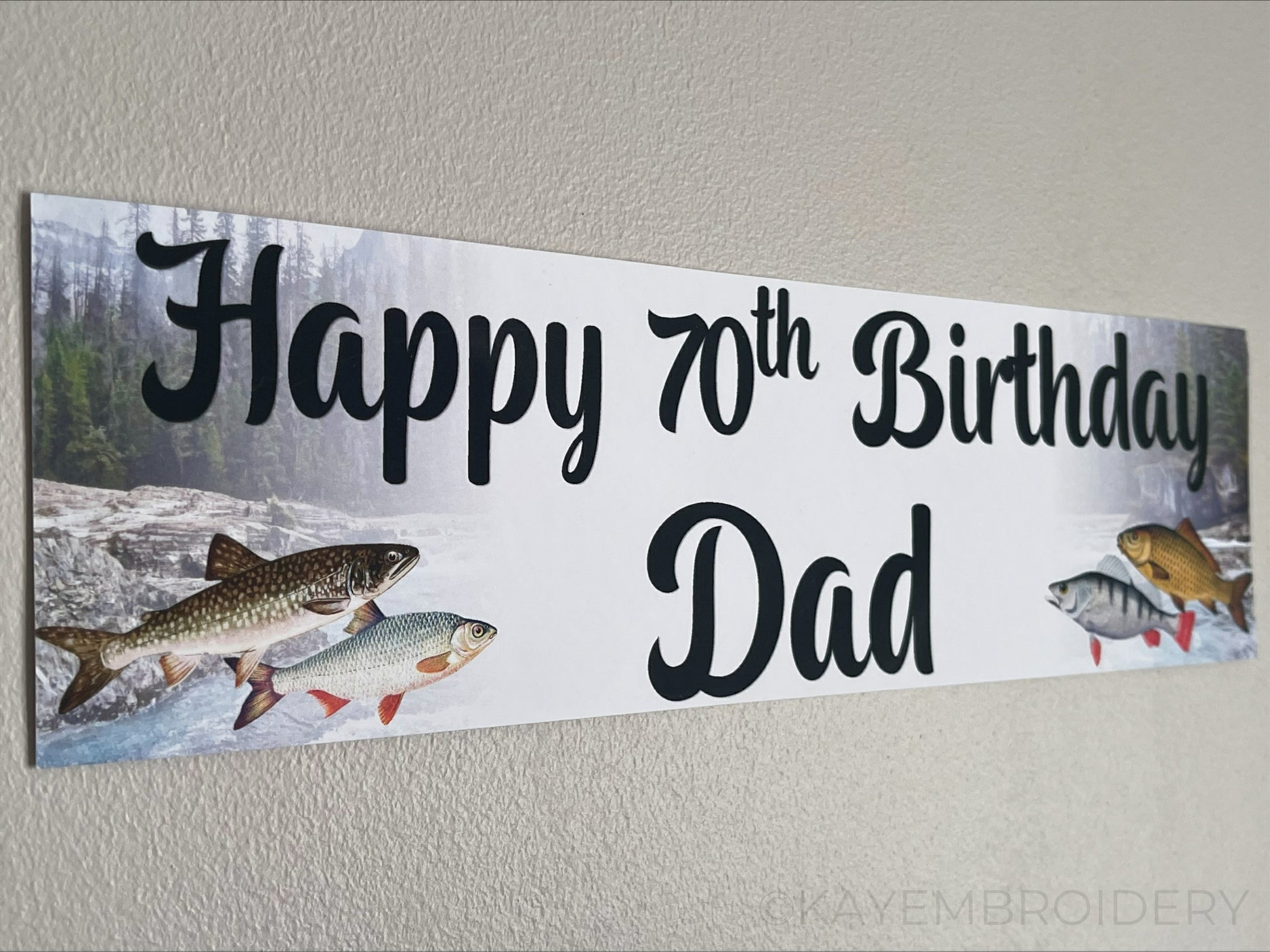 Fishing birthday banner with fish and nature theme. Personalised with happy age birthday and name